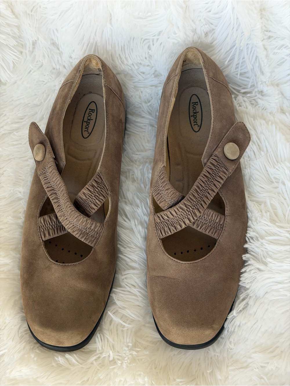 Rockport Taupe Suede Cross-Strap Mary Jane Flats